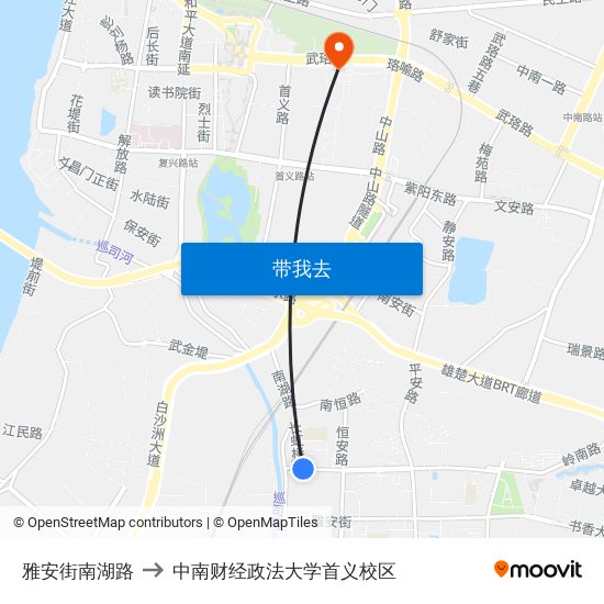雅安街南湖路 to 中南财经政法大学首义校区 map