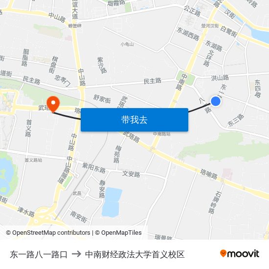 东一路八一路口 to 中南财经政法大学首义校区 map