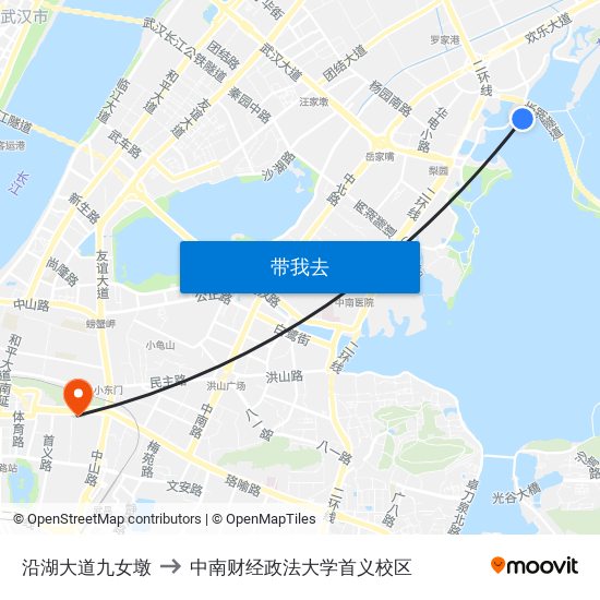 沿湖大道九女墩 to 中南财经政法大学首义校区 map