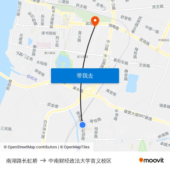 南湖路长虹桥 to 中南财经政法大学首义校区 map