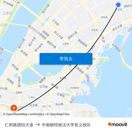 仁和路团结大道 to 中南财经政法大学首义校区 map