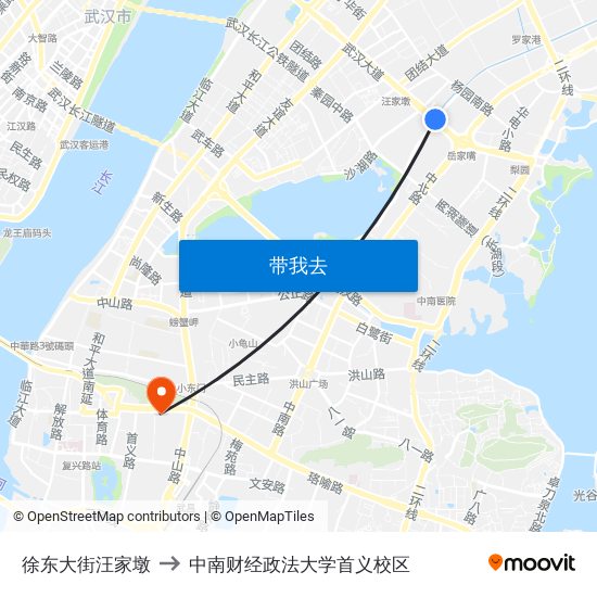 徐东大街汪家墩 to 中南财经政法大学首义校区 map