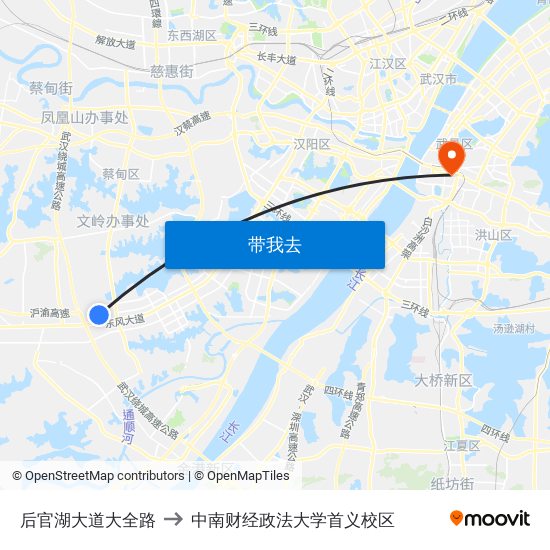 后官湖大道大全路 to 中南财经政法大学首义校区 map