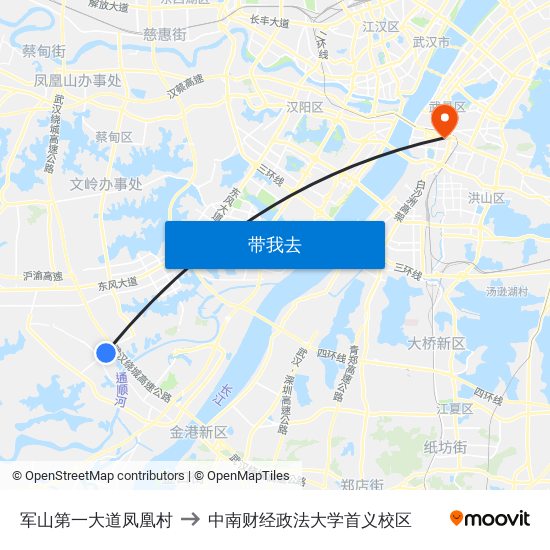 军山第一大道凤凰村 to 中南财经政法大学首义校区 map