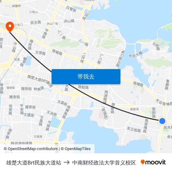 雄楚大道Brt民族大道站 to 中南财经政法大学首义校区 map