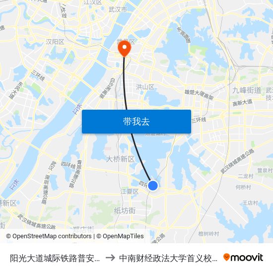 阳光大道城际铁路普安站 to 中南财经政法大学首义校区 map