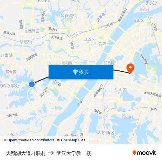 天鹅湖大道群联村 to 武汉大学教一楼 map