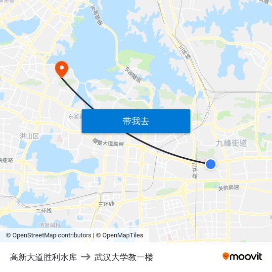 高新大道胜利水库 to 武汉大学教一楼 map