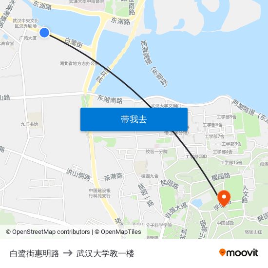 白鹭街惠明路 to 武汉大学教一楼 map