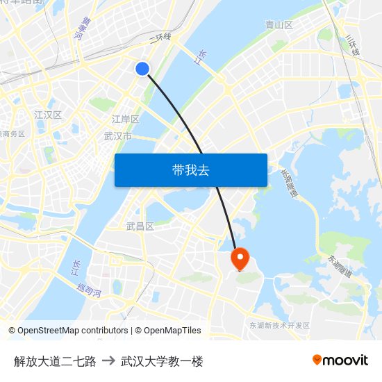 解放大道二七路 to 武汉大学教一楼 map