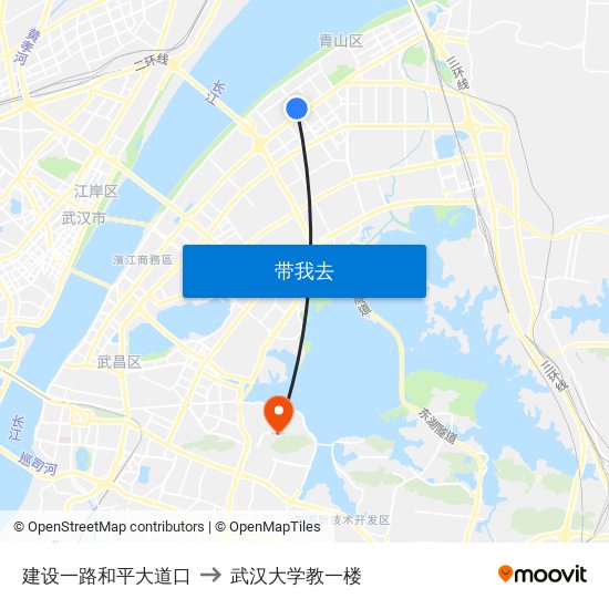 建设一路和平大道口 to 武汉大学教一楼 map