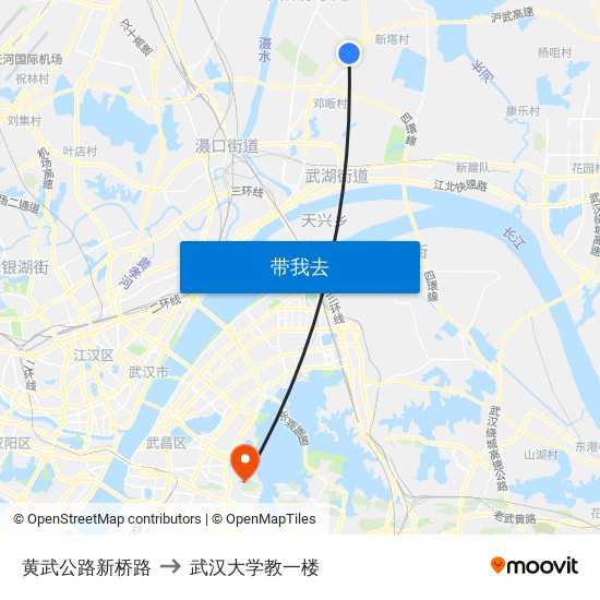 黄武公路新桥路 to 武汉大学教一楼 map