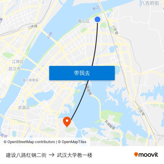 建设八路红钢二街 to 武汉大学教一楼 map