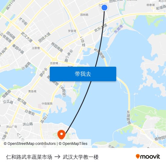 仁和路武丰蔬菜市场 to 武汉大学教一楼 map