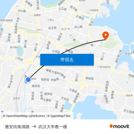 雅安街南湖路 to 武汉大学教一楼 map