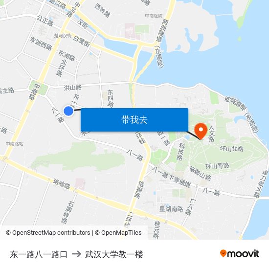 东一路八一路口 to 武汉大学教一楼 map