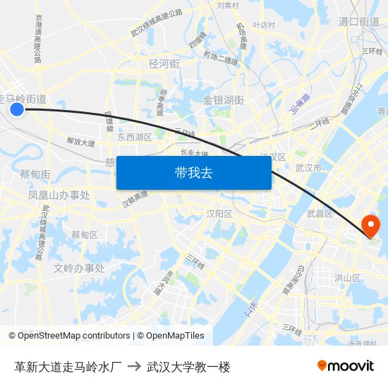 革新大道走马岭水厂 to 武汉大学教一楼 map