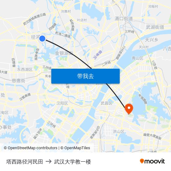 塔西路径河民田 to 武汉大学教一楼 map