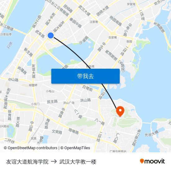 友谊大道航海学院 to 武汉大学教一楼 map