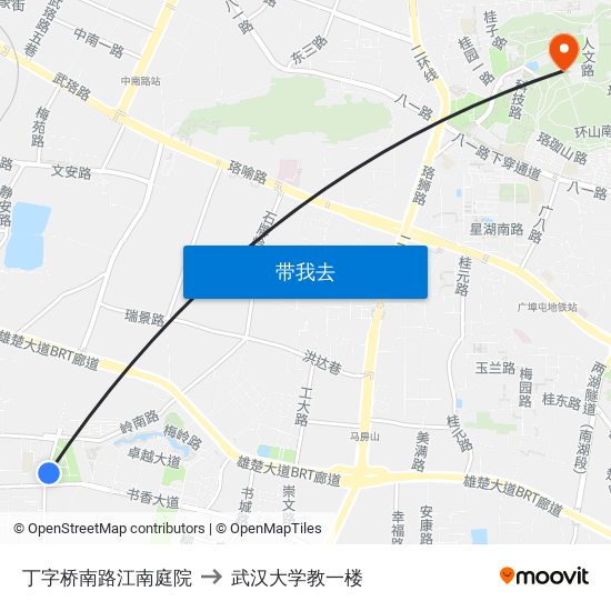 丁字桥南路江南庭院 to 武汉大学教一楼 map