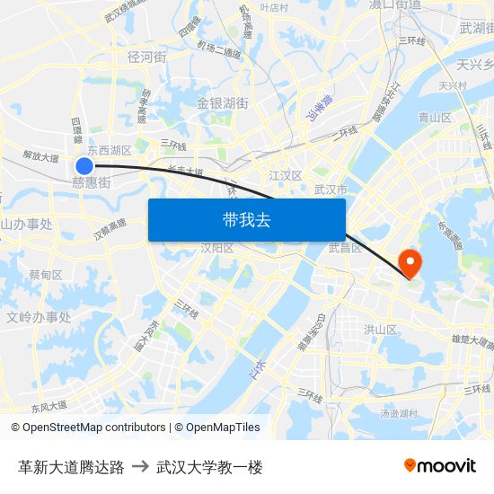 革新大道腾达路 to 武汉大学教一楼 map