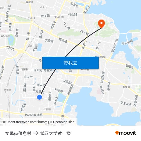 文馨街藩息村 to 武汉大学教一楼 map