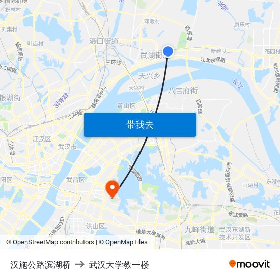 汉施公路滨湖桥 to 武汉大学教一楼 map