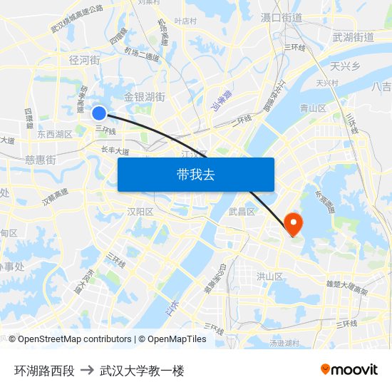 环湖路西段 to 武汉大学教一楼 map