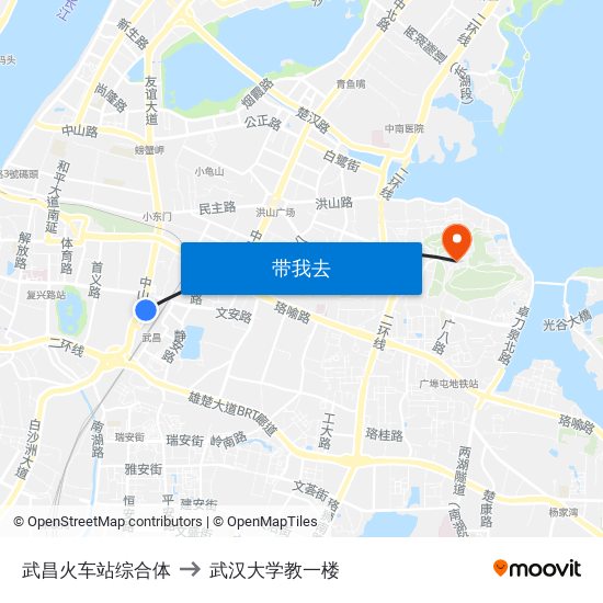 武昌火车站综合体 to 武汉大学教一楼 map