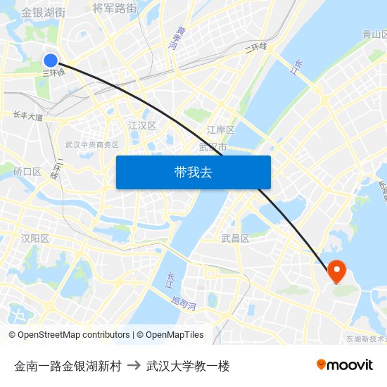 金南一路金银湖新村 to 武汉大学教一楼 map