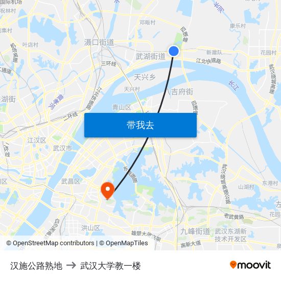 汉施公路熟地 to 武汉大学教一楼 map