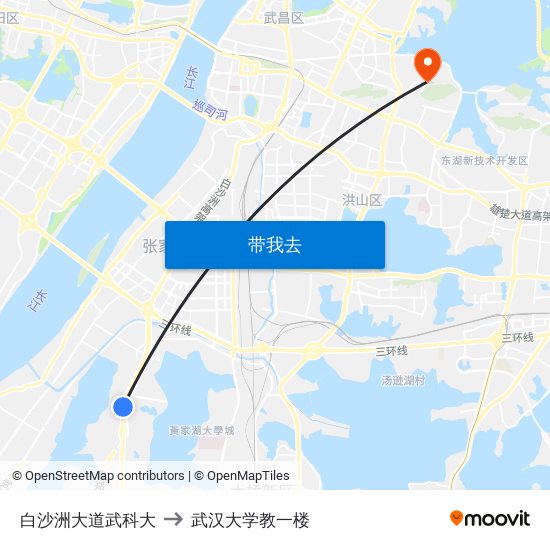 白沙洲大道武科大 to 武汉大学教一楼 map