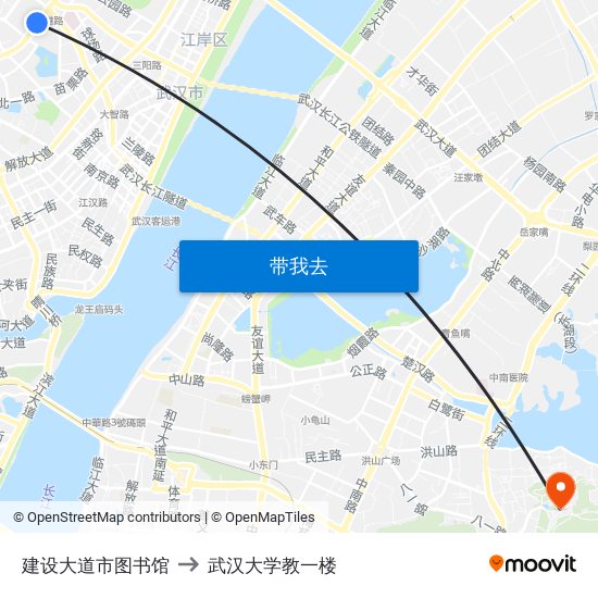 建设大道市图书馆 to 武汉大学教一楼 map