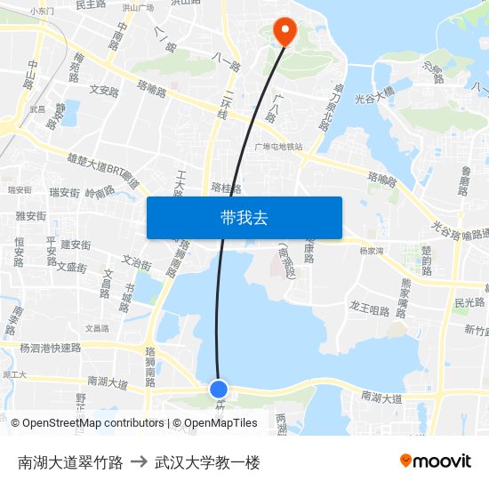 南湖大道翠竹路 to 武汉大学教一楼 map