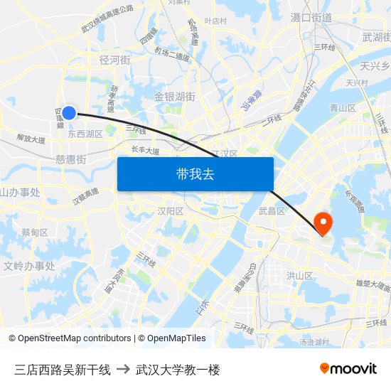 三店西路吴新干线 to 武汉大学教一楼 map