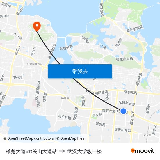 雄楚大道Brt关山大道站 to 武汉大学教一楼 map