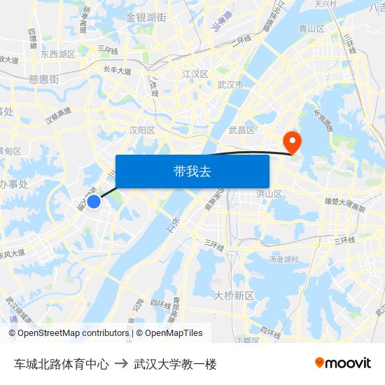 车城北路体育中心 to 武汉大学教一楼 map