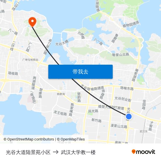光谷大道陆景苑小区 to 武汉大学教一楼 map