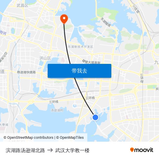 滨湖路汤逊湖北路 to 武汉大学教一楼 map