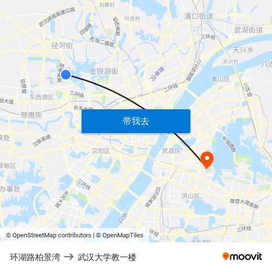 环湖路柏景湾 to 武汉大学教一楼 map