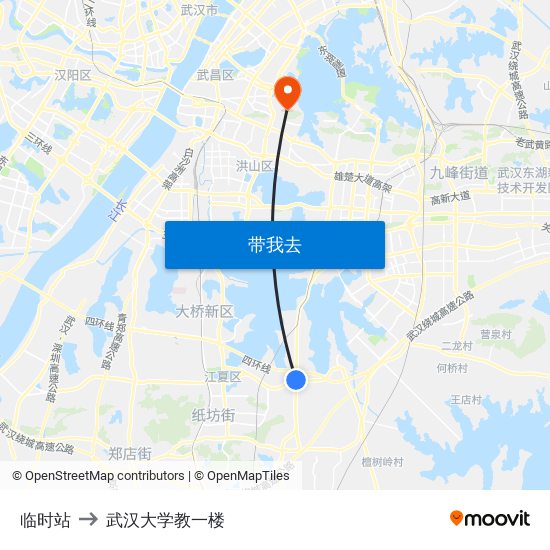 临时站 to 武汉大学教一楼 map