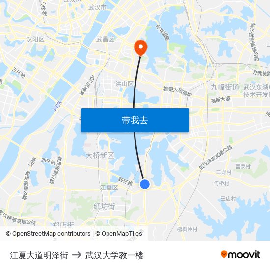 江夏大道明泽街 to 武汉大学教一楼 map