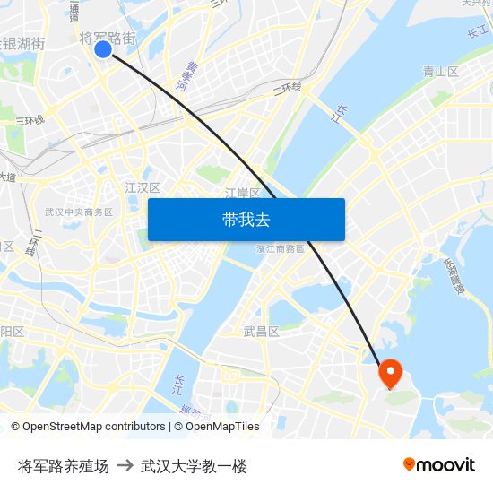 将军路养殖场 to 武汉大学教一楼 map