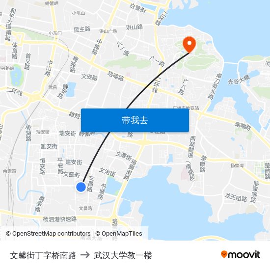 文馨街丁字桥南路 to 武汉大学教一楼 map
