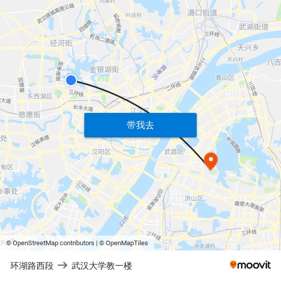 环湖路西段 to 武汉大学教一楼 map