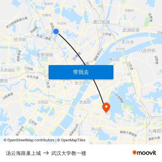 汤云海路巢上城 to 武汉大学教一楼 map