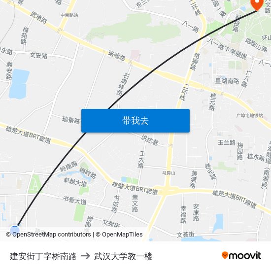 建安街丁字桥南路 to 武汉大学教一楼 map