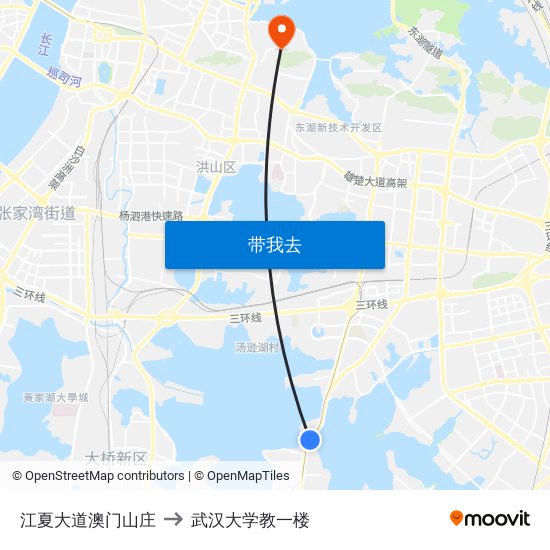 江夏大道澳门山庄 to 武汉大学教一楼 map