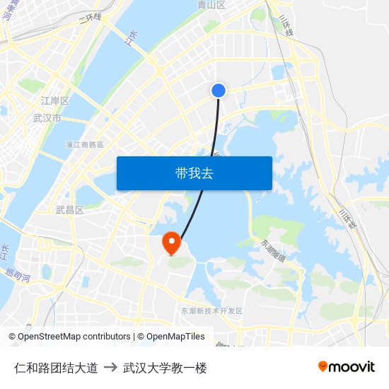 仁和路团结大道 to 武汉大学教一楼 map