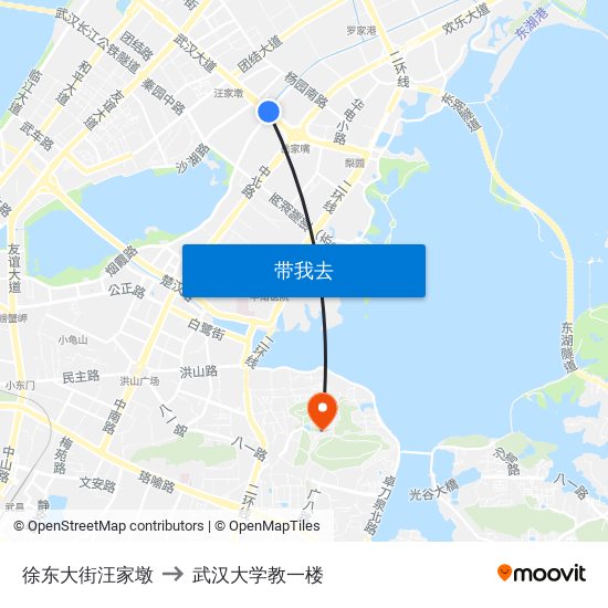 徐东大街汪家墩 to 武汉大学教一楼 map